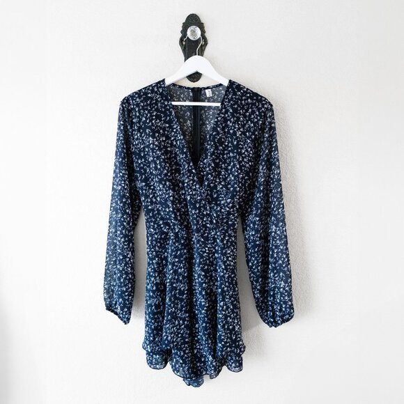 Relipop Navy Blue Floral Romper Dress Size XL Long Sleeve V-Neck Ruffle Hem - Picture 2 of 8
